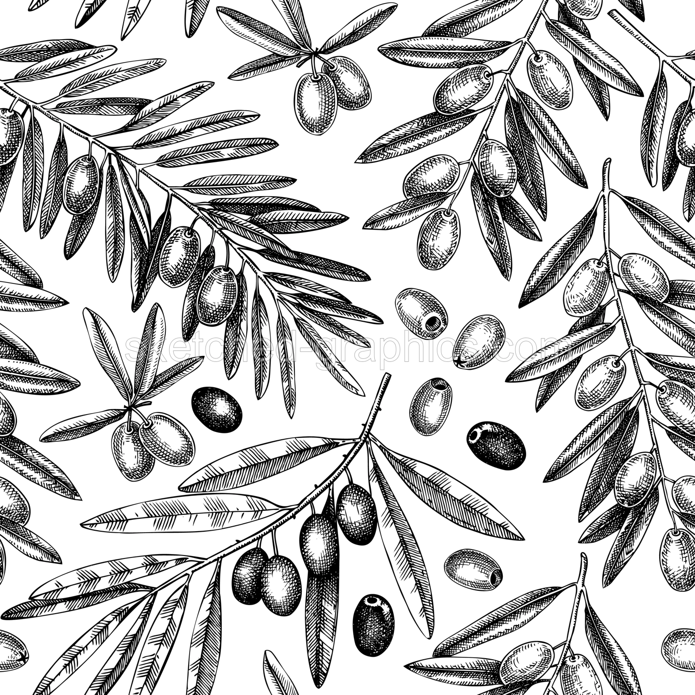 Olives seamless pattern. Olive branches background in vintage style. Hand-drawn vector illustration. NOT AI generated. Illustration